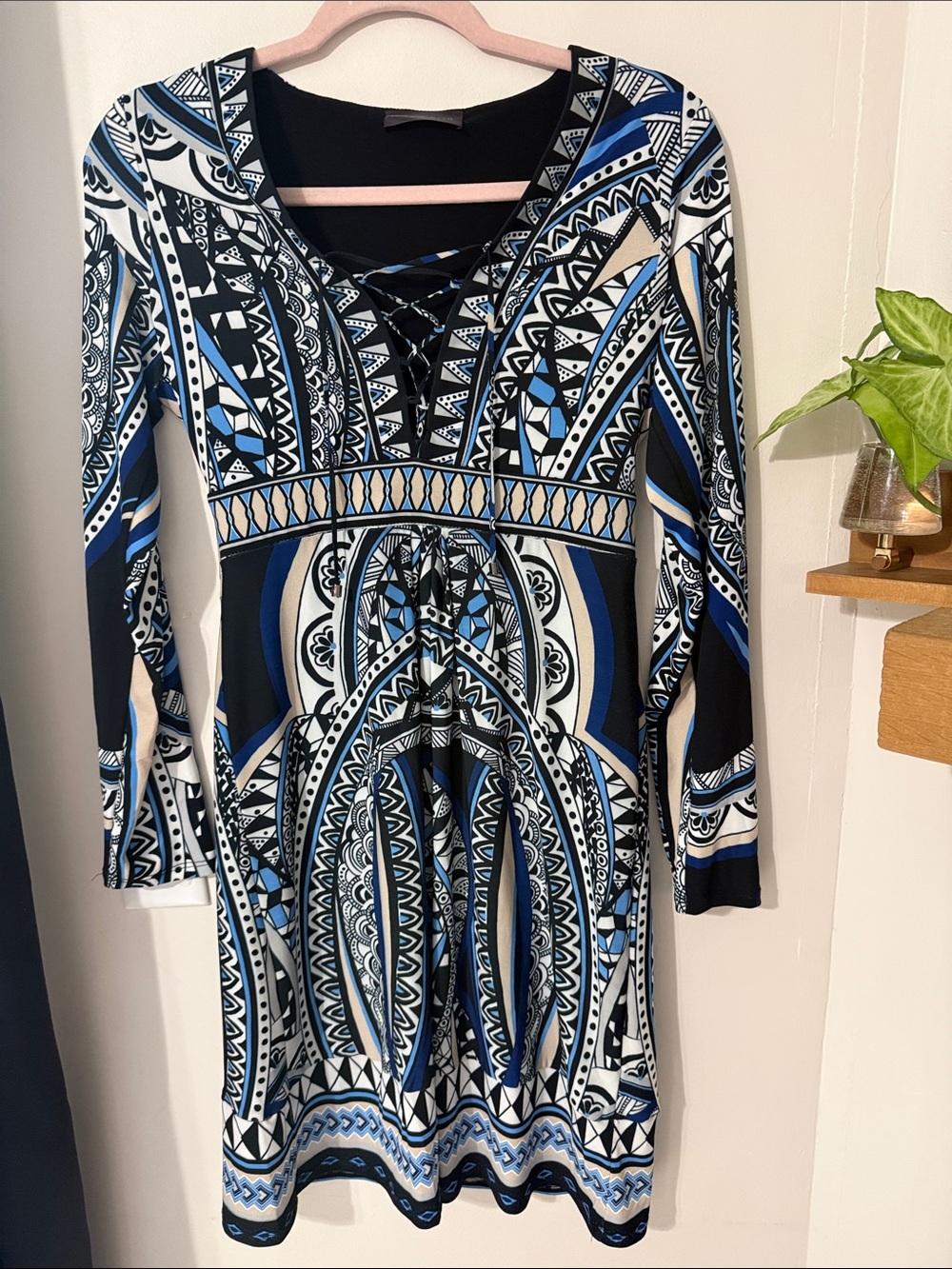 Hale Bob Blue, Black & White Lace-Up Long Sleeve Dress
